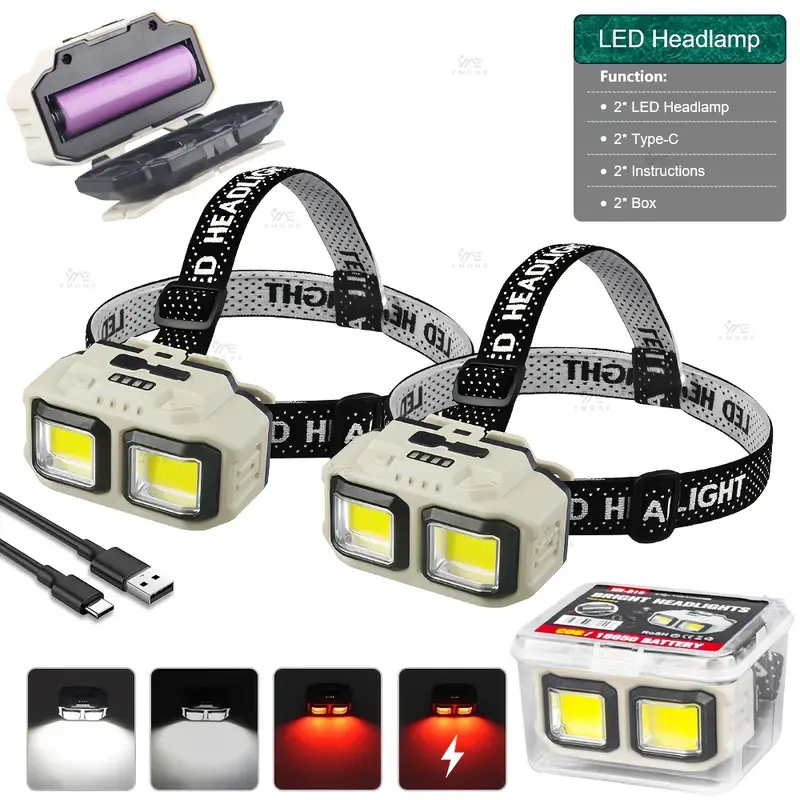 Headlamp - COB LED Headlamp Rechargeable Headlight Waterproof